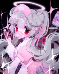 1girl apron black_background commentary double_bun dress gas_mask grey_hair hair_bun hair_ribbon heart highres holding holding_syringe long_hair looking_at_viewer mask original pill pink_dress ponytail red_eyes respirator ribbon rinihimme scissors solo sparkle symbol-only_commentary syringe watermark white_apron yami_kawaii