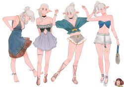 Rule 34 | :d, arm up, asimov (spindle (aidenr0)), bare shoulders, black hairband, blush, blush stickers, bob cut, braid, breasts, bright pupils, brown hair, choker, cleavage, collarbone, commentary, dress, elf, excited, eyelashes, from side, full body, green eyes, green shirt, hair bun, hairband, hand up, high ponytail, highres, index finger raised, looking at viewer, looking to the side, medium breasts, medium hair, midriff, multiple views, navel, open mouth, original, ottilie (spindle (aidenr0)), pointing, pointy ears, ponytail, raised eyebrows, round teeth, shirt, short hair, short shorts, shorts, simple background, single blush sticker, single braid, smile, spindle (aidenr0), swept bangs, t-shirt, teeth, upper teeth only, white background, white hair