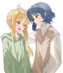 2girls ;d ahoge blonde_hair blue_hair blush bocchi_the_rock! brown_sweater_vest closed_mouth collared_shirt drawstring green_hoodie hair_ornament hairclip hand_on_another&#039;s_head highres hood hood_down hoodie ijichi_nijika long_hair long_sleeves multiple_girls one_eye_closed open_mouth schu_1112 shirt short_hair smile sweater_vest white_shirt wing_collar yamada_ryo yellow_eyes