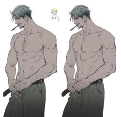Rule 34 | 2boys, 666 mtmt 666, bara, beard, belt, blonde hair, challia bull, char aznable, dressing, facial hair, green eyes, green hair, gundam, gundam gquuuuuux, korean text, male focus, multiple boys, muscular, muscular male, mustache, nipples, pants, profile, shirouzu (gundam), short hair, simple background, solo, sparse arm hair, sparse chest hair, toothbrush, toothbrush in mouth, topless male, translation request, veins, white background