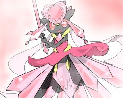 10s 1girl alternate_color alternate_form diancie female_focus gem gen_6_pokemon gradient_background highres legendary_pokemon mega_diancie mega_pokemon mythical_pokemon nintendo pink_eyes pokemon pokemon_(creature) pokemon_xy shiny_pokemon solo sword weapon white_background
