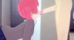 1boy 1girl 3d animated animated_gif closed_eyes clothed_male_nude_female doki_doki_literature_club fellatio from_side gif_artifacts hetero indoors koikatsu_(medium) licking licking_penis looping_animation nude oral penis pink_hair real_maincharacter public_restroom sayori_(doki_doki_literature_club) school_uniform short_hair standing toilet uncensored