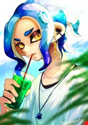 1boy artist_name blue_hair blurry blurry_foreground commentary_request cup drink drinking drinking_glass drinking_straw ear_piercing highres holding holding_cup jewelry kainesato looking_at_viewer male_focus medium_hair necklace nintendo octoling octoling_boy octoling_player_character piercing ponytail shirt solo splatoon_(series) splatoon_3 standing sweat tentacle_hair thick_eyebrows twitter_username white_shirt yellow_eyes