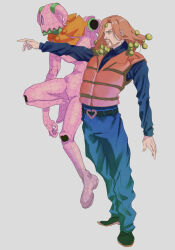1boy 1other beard belt belt_buckle black_belt blue_pants blue_shirt brown_eyes brown_hair brown_vest buckle colored_skin commentary_request facial_hair full_body hair_bobbles hair_ornament higashikata_norisuke_iv highres jojo_no_kimyou_na_bouken jojolion king_nothing long_hair male_focus pants pink_skin pointing polyphone puzzle_piece shirt stand_(jojo) vest