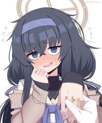 1girl 1other artist_name bags_under_eyes black_hair blue_archive blue_eyes blue_hairband blush cardigan commentary english_commentary hair_between_eyes hairband halo hand_grab happy_tears jewelry long_hair marriage_proposal messy_hair necklace open_mouth pov ring simple_background smart_oval tears ui_(blue_archive) very_long_hair wedding_ring white_background
