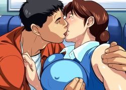 00s 1boy 1girl bare_shoulders black_hair blush breasts brown_hair cirima closed_eyes covered_erect_nipples curvy forced groping hair_bun hetero hikaru_no_go kiss large_breasts lips mature_female shindou_mitsuko short_hair shueisha single_hair_bun sitting sweat sweatdrop teardrop tears tongue volvox