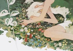 1girl bare_arms blending blue_flower closed_eyes commentary_request dress feet_out_of_frame flower gears highres ka_(996beshi) lying nut_(hardware) on_ground on_side original outdoors plant puzzle_piece red_flower screw short_dress short_hair sleeveless sleeveless_dress solo white_dress white_flower white_hair winding_key yellow_flower