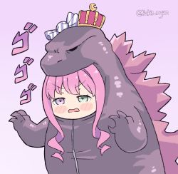 Rule 34 | 1girl, blush, candy, chibi, commentary, cosplay, crown, english commentary, food, godzilla, godzilla (cosplay), godzilla (series), green eyes, heterochromia, himemori luna, hololive, kukie-nyan, open hands, open mouth, pink hair, purple background, purple eyes, sidelocks, solo, v-shaped eyebrows, virtual youtuber