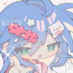 1girl :3 ahoge artist_name ben-day_dots blue_hair cat_hair_ornament character_hair_ornament copyright_name cursor cursor_hair_ornament green_eyes grid_background hair_ornament highres izumi_konata looking_at_viewer lucky_star mole mole_under_eye nyamou pointing pointing_at_viewer portrait red_sailor_collar ryouou_school_uniform sailor_collar school_uniform screentones shirt sidelocks solo sparkle sparkling_eyes star_(symbol) star_hair_ornament tendoshi twitter_username white_shirt window_(computing) winter_uniform