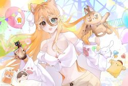 &gt;_&lt; 1boy 1girl =_= amusement_park animal_ear_fluff animal_ears animal_hands balloon bare_shoulders beads black_nails blonde_hair blush_stickers bow breasts brown_eyes brown_hair bubble bubble_tea bush candle_on_head cat_ears cinnamoroll claws cleavage collarbone commentary cowboy_shot crop_top cup day detached_sleeves disposable_cup dot_nose drink english_commentary eyelashes fence ferris_wheel floating_hair frilled_sleeves frills fuwa_fuwa_cinnamoroll garland_(decoration) green_eyes hair_beads hair_between_eyes hair_bow hair_ornament happy heterochromia highres holding holding_drink holding_stuffed_toy large_breasts long_hair long_hair_between_eyes long_sleeves looking_at_viewer melamel_3 midriff multiple_views open_mouth original outdoors paw_print paw_print_pattern pompompurin puffy_short_sleeves puffy_sleeves sanrio shirt shoes short_sleeves single_sidelock sleeveless sleeveless_shirt smile solo_focus straight_hair stuffed_animal stuffed_cat stuffed_toy swept_bangs very_long_hair white_bow white_shirt white_sleeves wide_sleeves yellow_shoes