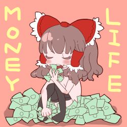 1girl banknote black_thighhighs blush bow brown_hair closed_eyes eating english_text frilled_bow frilled_hair_tubes frills full_body hair_bow hair_tubes hakurei_reimu irisu-chan_(yumemiruk) money nude open_mouth pink_background red_bow sidelocks simple_background sitting solo thighhighs touhou