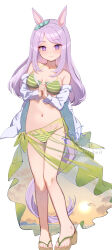 1girl animal_ears bikini bow breasts commentary_request ear_bow ear_ribbon full_body green_bikini green_sarong highres horse_ears horse_girl horse_tail jacket long_hair medium_breasts mejiro_mcqueen_(umamusume) purple_eyes purple_hair sandals sarong see-through_clothes see-through_sarong solo striped_bikini striped_clothes swimsuit tail umamusume white_jacket yomean!