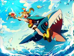 1girl bird blush brown_hair creatures_(company) game_freak gen_1_pokemon gen_2_pokemon gen_3_pokemon highres light_rays long_hair luvdisc mantine may_(pokemon) mudkip nintendo ocean one_eye_closed pelipper pokemon pokemon_(creature) pokemon_oras red_shirt riding seagull selyg15 shark sharp_teeth sharpedo shirt shorts teeth tentacruel water white_shorts wingull