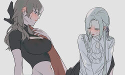 2girls b_(wldms6650) bad_link blush breasts edelgard_von_hresvelg female_byleth_(fire_emblem) fire_emblem fire_emblem:_three_houses large_breasts long_hair multiple_girls nintendo simple_background sweat tribadism white_background yuri