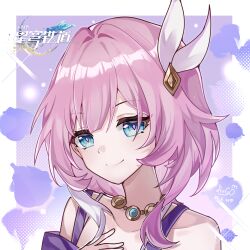 Rule 34 | 1girl, absurdres, blue eyes, chinese commentary, commentary request, copyright logo, cyrene (honkai: star rail), dated, hair ornament, highres, honkai: star rail, honkai (series), jewelry, looking at viewer, necklace, pink hair, purple background, short hair, smile, solo, star-shaped pupils, star (symbol), symbol-shaped pupils, zhui ming jin ge