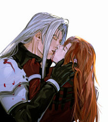 2boys armor black_gloves black_jacket blood blood_drip blood_on_clothes blood_on_face closed_eyes final_fantasy final_fantasy_vii genesis_rhapsodos gloves grey_hair hand_on_another&#039;s_cheek hand_on_another&#039;s_face highres jacket kiss long_hair male_focus multiple_boys newb_ff7r pauldrons red_gloves red_hair red_jacket sephiroth shoulder_armor white_background yaoi