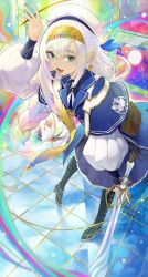 1girl absurdres artmagia_finemelt blue_eyes boots braid breasts duel_monster full_body hat headband highres holding holding_sword holding_weapon leaning_forward long_hair long_sleeves mamayu medium_breasts open_mouth puffy_long_sleeves puffy_sleeves rainbow smile solo sword waving weapon white_hair yu-gi-oh!