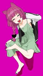Rule 34 | 1girl, animal ears, arm behind head, barefoot, black nails, blush, bocchi the rock!, bow, braid, braided ponytail, cat ears, dot nose, dress, facing viewer, figure four sitting, flat chest, full body, green dress, hair bow, highres, hiroi kikuri, invisible chair, jacket, leaning to the side, long hair, long sleeves, oekakikujira, open clothes, open jacket, open mouth, pink background, purple hair, shadow, sharp teeth, simple background, sitting, sleeveless, sleeveless dress, smile, solo, teeth, upper teeth only