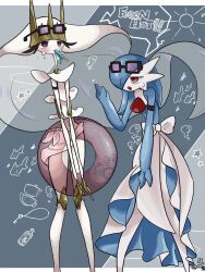 alternate_color blue_hair blue_skin bob_cut colored_skin dress eyewear_on_head food food_in_mouth gardevoir gen_3_pokemon gen_7_pokemon hair_over_one_eye highres inb795 lifebuoy multicolored_skin nintendo pheromosa pokemon pokemon_(creature) popsicle popsicle_in_mouth purple_eyes shiny_pokemon signature summer swim_ring two-tone_skin ultra_beast white_dress white_skin