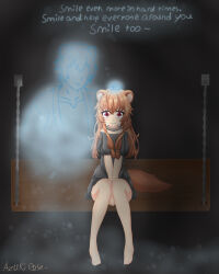 1boy 1girl absurdres animal_ears arms_between_legs artist_name azukirose bare_legs barefoot bench brown_hair child crying english_text father_and_daughter frown full_body ghost grey_shirt headpat highres long_hair looking_down messy_hair metal_hair_tubes on_bench raccoon_ears raccoon_girl raccoon_tail raphtalia raphtalia&#039;s_father red_eyes shirt short_hair signature sitting smile tail tate_no_yuusha_no_nariagari wooden_bench