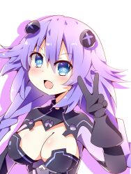 1girl blue_eyes braid breasts cleavage cleavage_cutout clothing_cutout hair_ornament highres kurokasu leotard long_hair medium_breasts neon_trim neptune_(neptunia) neptune_(series) open_mouth purple_hair purple_heart_(neptunia) simple_background solo twin_braids v white_background