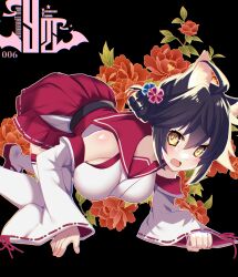 1girl ahoge all_fours animal_ears artist_name bare_shoulders black_background black_hair blue_archive breasts commentary_request detached_sleeves floral_background flower foot_out_of_frame hair_between_eyes hair_bun hakama highres japanese_clothes kaede_(blue_archive) large_breasts looking_at_viewer no_halo open_mouth oppai_loli red_flower red_hakama shoes simple_background sleeveless tajima_yoshikazu thighhighs white_sleeves white_thighhighs yellow_eyes