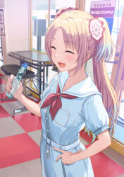 1girl blonde_hair blue_dress blue_hair blush bottle breast_pocket breasts checkered_floor closed_eyes commentary_request cowboy_shot dress fang flower gradient_hair hair_flower hair_ornament hand_on_own_hip hasu_no_sora_school_uniform highres holding holding_bottle indoors light_blue_hair link!_like!_love_live! long_hair love_live! multicolored_hair neckerchief open_mouth osawa_rurino parted_bangs pink_flower pleated_dress pocket puffy_short_sleeves puffy_sleeves ramune red_neckerchief sailor_collar sailor_dress school_uniform shamakho short_sleeves small_breasts smile solo summer_uniform teeth twintails upper_teeth_only virtual_youtuber white_flower white_sailor_collar