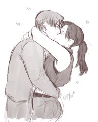 Rule 34 | claire redfield, cleon, daggerarcadia, denim, hug, jeans, kiss, leon kennedy, leon s. kennedy, kiss, pants, ponytail, resident evil
