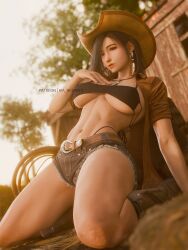 1girl 3d alternate_costume blurry blurry_background breasts cowboy_hat crop_top denim denim_shorts final_fantasy final_fantasy_vii final_fantasy_vii_remake hat hay highres kneeling large_breasts leaning_back open_clothes open_shirt ria_(baka-neearts) shorts solo thighs thong tifa_lockhart whip