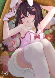 1girl absurdres alternate_costume animal_ears arms_up azki_(hololive) blush box breasts brown_hair colored_inner_hair detached_collar easter easter_egg egg fake_animal_ears feet_out_of_frame gloves hair_intakes hair_ornament hairclip half_updo highres hishaku_(7stel2ar) hololive in_box in_container long_hair looking_at_viewer medium_breasts mole mole_under_eye multicolored_hair open_mouth pink_hair pink_shirt purple_eyes rabbit_ears shirt shorts single_thighhigh solo strapless strapless_shirt streaked_hair thighhighs very_long_hair virtual_youtuber white_gloves white_hair white_shorts white_thighhighs
