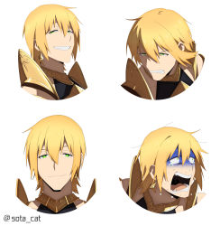 1boy absurdres anime_coloring blonde_hair clenched_teeth earrings multiple_expressions fate/grand_order fate_(series) green_eyes grin highres jason_(fate) jewelry male_focus official_style scared smile smug sota_cat sweat nervous_sweating tears teeth turn_pale