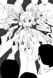 1girl 6+boys absurdres ahoge aiming arms_at_sides beretta_92 boxcutter closed_mouth collared_shirt commentary_request eiri7hamono faceless faceless_male formal_clothes greyscale gun h&amp;k_p30 hair_ornament hairclip handgun heckler_&amp;_koch highres holding holding_gun holding_weapon john_wick knife_hair_ornament long_sleeves looking_at_viewer m1911 monochrome multiple_boys neck_ribbon original outstretched_arm poster_parody ribbon shirt short_hair simple_background smile staccato_2011 standing suit surrounded_by_guns thick_eyebrows two_side_up weapon
