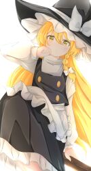 1girl absurdres apron backlighting black_hat black_skirt black_vest blonde_hair bow braid broom broom_riding buttons chinese_commentary clenched_hand closed_mouth commentary_request double-breasted feet_out_of_frame frilled_apron frilled_skirt frills hair_between_eyes hair_bow hat hat_bow hat_ribbon highres kirisame_marisa light_frown long_hair long_sleeves looking_at_viewer ribbon shirt side_braid sitting skirt solo touhou turtleneck turtleneck_shirt very_long_hair vest waist_apron white_apron white_background white_bow white_ribbon white_shirt witch_hat wu_yu_wanwan yellow_eyes