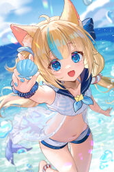 Rule 34 | 1girl, :3, absurdres, ahoge, animal ear fluff, animal ears, bikini, bikini top only, blonde hair, blue bikini, blue eyes, blue hair, blue sailor collar, blue sky, blurry, blurry background, cat ears, chinese commentary, commentary request, fh moya, fins, fish tail, highres, holding seashell, indie virtual youtuber, lifebuoy hair ornament, long hair, looking at viewer, low twintails, multicolored hair, nail polish, open mouth, outdoors, sailor collar, sameko saba, scrunchie, shorts, sky, solo, streaked hair, striped bikini, striped clothes, swimsuit, swimsuit cover-up, tail, twintails, twitter username, very long hair, virtual youtuber, white bikini, white shorts, wrist scrunchie