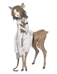 1girl :d animal_ears arm_belt asymmetrical_sleeves belt breasts brown_belt brown_hair centauroid coat commentary daisy_(flower) deer_ears deer_girl deer_tail ear_tag flower full_body green_eyes hair_flower hair_ornament hair_over_shoulder highres hooves jessica_(reverse:1999) long_hair long_sleeves looking_at_viewer monster_girl multiple_legs open_mouth parted_bangs reverse:1999 sidelocks simple_background sleeves_past_fingers sleeves_past_wrists small_breasts smile solo standing tail taur teeth thiepriest underbust upper_teeth_only white_background white_coat white_flower