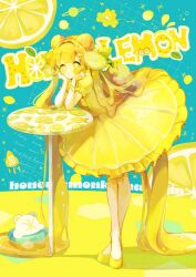 1girl absurdly_long_hair bear blonde_hair blush_stickers bright_pupils closed_mouth creature crossed_legs double_bun dress dripping elbow_rest elbows_on_table food food-themed_clothes food-themed_hair_ornament frilled_dress frills fruit full_body hair_bun hair_intakes hair_ornament hands_on_own_cheeks hands_on_own_face hands_up head_on_hands head_rest highres honey innertube leaf_hair_ornament leaning_forward lemon lemon_hair_ornament lemon_slice liquid_hair long_hair looking_at_viewer low_twintails original planet planetary_ring puffy_short_sleeves puffy_sleeves rocket shoes short_sleeves solo standing swim_ring symbol-shaped_pupils tabasukokororin table twintails ufo very_long_hair white_pupils wristband yellow_dress yellow_shoes