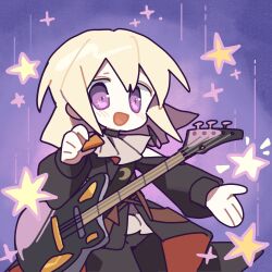 1girl :d bang_dream! bang_dream!_it&#039;s_mygo!!!!! black_coat blonde_hair bob_cut coat collar colored_lineart cowboy_shot deformed electric_guitar fewer_digits frilled_collar frills guitar hand_up happy holding holding_plectrum instrument long_sleeves looking_at_viewer misumi_uika no_nose open_hand open_mouth outstretched_arm pale_skin plectrum purple_background purple_eyes smile solo star_(symbol) star_symbol_background white_collar wind yuko6351