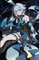 1girl black_thighhighs blue_dress blue_eyes blue_hair breasts cerydra_(honkai:_star_rail) closed_mouth commentary_request crossed_legs crown detached_sleeves dress hair_intakes highres honkai:_star_rail honkai_(series) katachi_noboru_nishikino long_hair medium_breasts mini_crown single_thighhigh sitting solo thighhighs wings