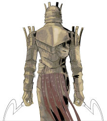 192_saioma 1boy armor breastplate commentary cowboy_shot dark_souls_(series) dark_souls_i dual_wielding from_behind full_armor gauntlets gold_armor helmet highres holding knight knight_lautrec_of_carim male_focus shotel simple_background solo sword weapon white_background