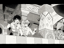 +_+ 2boys absurdres ascot balcony belt black_border border cape chest_jewel commentary_request dragon_quest dragon_quest_x earrings gloves greyscale hero&#039;s_sibling_(dq10) highres hoop_earrings index_finger_raised jewelry leaf letterboxed male_focus monochrome multiple_boys open_mouth pillar pointing pointing_up quad_(dq10) sato_sio_(si00x) short_hair sweatdrop upper_body