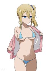 1girl bikini blonde_hair blue_bikini blue_eyes blue_nails breasts closed_mouth coro_fae cowboy_shot hayasaka_ai highres jacket kaguya-sama_wa_kokurasetai_~tensai-tachi_no_renai_zunousen~ medium_breasts navel open_clothes open_jacket pink_jacket raised_eyebrows side_ponytail simple_background solo swimsuit white_background
