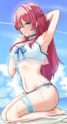 1girl absurdres arm_behind_head arm_up armpits bikini blue_bikini blue_sky blush braid breasts cloud commentary_request commission green_eyes hair_between_eyes hair_ornament hairclip highres indie_virtual_youtuber kneeling large_breasts long_hair looking_at_viewer nagisa_airu navel ocean one_eye_closed outdoors red_hair skeb_commission sky smile solo swimsuit teeth thigh_strap virtual_youtuber water yamato_(muchuu_paradigm)