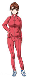 Rule 34 | 1girl, breasts, brown hair, cameltoe, complets, female focus, full body, hand on own hip, kitahara kimiko, large breasts, looking at viewer, mame, short hair, simple background, solo, teacher, track suit, white background, yagai gakushuu