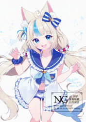 1girl ahoge animal_ear_fluff animal_ears bikini bikini_under_clothes blonde_hair blue_bikini blue_collar blue_eyes blue_hair blue_nails breasts cat_ears claw_pose collar dress fins fish_girl fish_tail frilled_shirt_collar frills highres indie_virtual_youtuber long_hair looking_at_viewer low_twintails mochiko_tsuru multicolored_hair nail_polish one_side_up open_mouth sameko_saba short_shorts shorts sleeveless sleeveless_dress small_breasts smile solo streaked_hair swimsuit tail teeth twintails upper_teeth_only very_long_hair virtual_youtuber white_dress white_shorts