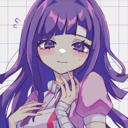 Rule 34 | 1girl, bandaged arm, bandages, blunt bangs, blush, closed mouth, commentary, danganronpa (series), danganronpa 2: goodbye despair, donburi (minami don), eyelashes, fingernails, flying sweatdrops, grid background, highres, long hair, looking at viewer, pink shirt, portrait, purple eyes, purple hair, shirt, short sleeves, solo, sweatdrop, tearing up, tsumiki mikan