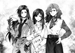 Rule 34 | 3girls, absurdres, bai wuya bu he naicha yo, belt, book, dress, gloves, greyscale, grin, hand on own hip, hand up, hat, he rijun, highres, holding, holding book, holding unworn clothes, holding unworn hat, jacket, locked arms, long hair, looking at another, looking to the side, medium hair, monochrome, multiple girls, neckerchief, noire (reverse:1999), pants, qi xing (reverse:1999), reverse:1999, shirt, skirt, smile, unworn hat, unworn headwear, upper body, vest