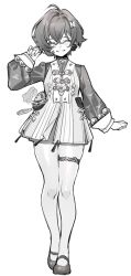 1girl beads belle_(delicate_sunlight)_(zenless_zone_zero) belle_(zenless_zone_zero) blush chinese_clothes choco_c14 closed_eyes commentary_request crossed_bangs dress earrings facing_viewer full_body greyscale grin hair_between_eyes hair_ornament jewelry long_sleeves monochrome pantyhose shoes short_dress short_hair simple_background smile solo standing thigh_strap zenless_zone_zero