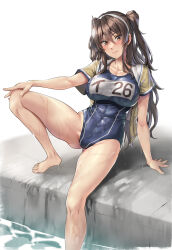 1girl ashigara_(kancolle) bare_legs barefoot black_one-piece_swimsuit blush breasts brown_eyes brown_hair closed_mouth cosplay green_jacket hair_between_eyes highres i-26_(kancolle) i-26_(kancolle)_(cosplay) id_card jacket kantai_collection kokuzou large_breasts long_hair looking_at_viewer one-piece_swimsuit open_clothes open_jacket school_swimsuit short_sleeves smile solo swimsuit two_side_up water wet