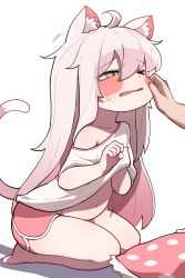 1boy 1girl absurdres ahoge animal_ear_fluff animal_ears barefoot blush_stickers cat_ears cat_girl cat_tail cheek_pinching green_eyes hand_under_clothes hand_under_shirt highres hourglass_02 kommy_(trickcal) long_hair navel off_shoulder one_eye_closed open_mouth pillow pinching pink_shorts shirt short_shorts short_sleeves shorts sitting slit_pupils stomach tail thighs trickcal very_long_hair white_hair white_shirt wince