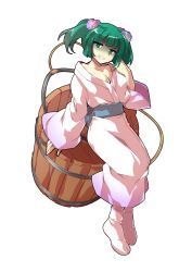1girl blue_sash blunt_bangs breasts bucket cleavage collarbone commentary_request commission dairi flower full_body green_eyes green_hair grin hair_flower hair_ornament hand_up highres japanese_clothes kimono kisume large_variant_set long_sleeves looking_at_viewer no_shoes obi sash shaded_face short_hair skeb_commission smile socks solo standing tabi tachi-e touhou transparent_background twintails variant_set white_kimono white_socks wide_sleeves